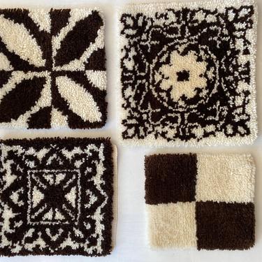 Vintage Latch Hook Rug Squares, Hand Made, Dark Chocolate Brown And Off White, Geometric Squares, Fiber Arts, Differing Sizes 