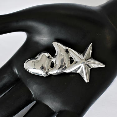 70's sterling Modernist heart crescent moon &amp; star sweetheart statement pin, big puffy Mexico 925 silver abstract celestial romance brooch 