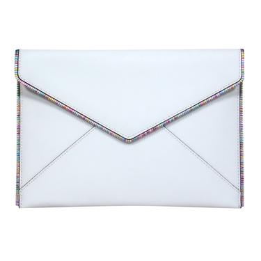 Rebecca Minkoff - White Textured Leather "Leo" Envelope Clutch w/ Rainbow Zipper Trim