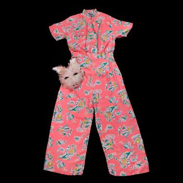 1940s Pink Novelty Print Pant Set / Cold Rayon Two Pc Pajama / Lounge Suit 
