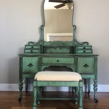 AVAILABLE! Teal Antique Make-up Vanity with Mirror and Bench 