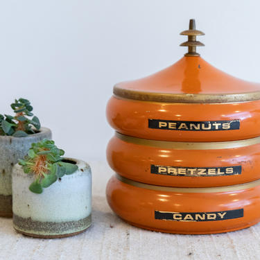 Retro Mid-Century Beehive Set of 3 Orange Stacking Canisters 