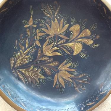 VIntage Wooden Hand painted Bowl-Folk Art- Black with Brown and Gold Flowers Lacquer 