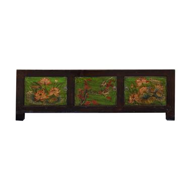 Chinese Vintage Green Flower Birds Graphic Low TV Console Cabinet cs7148E 