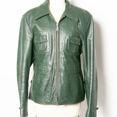 1970s Leather Jacket Green Medium 