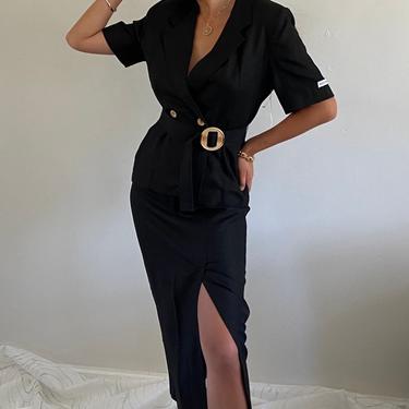 90s linen skirt suit / vintage black woven linen belted trench blazer skirt suit / short sleeve blazer high waisted maxi skirt deadstock | S 