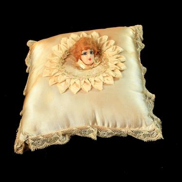1920s Boudoir Pillow / 3D Wooden Painted Flapper Head with Real Hair / Satin Pillow 