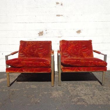 2 Chairs Milo Baughman Thayer Coggin Mid Century Modern MCM Pair of Armchairs Chrome Loungers Cube Sling Scoop Seating Wood Living Room 
