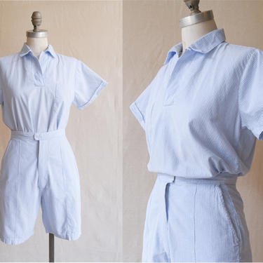 Vintage 60s Seersucker Uniform Set/ 1960s Top and Shorts Matching Summer Suit/ Romper Playsuit /Size Small 