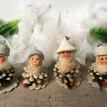 Vintage Italian Pine Cone Girls, Set Of 4, Christmas Pinecone Pixies, Ornaments 