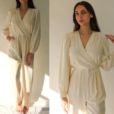 Vintage 70s Pierre Cardin Cream Silk Wrap Jumpsuit w/ Broad Shoulders, Pleated Waist, Pockets | 100% Silk | 1970s Designer Silk Jumpsuit 