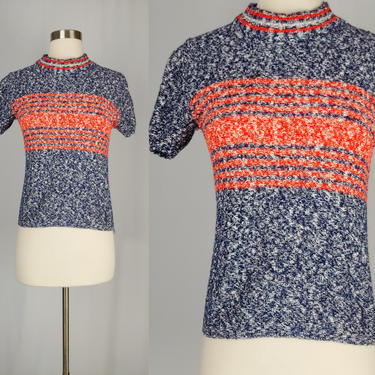 Vintage Seventies Sweater - 1970s Short Sleeve Knit Top - 70s Blue Red Striped Knit Top - Small / Medium 