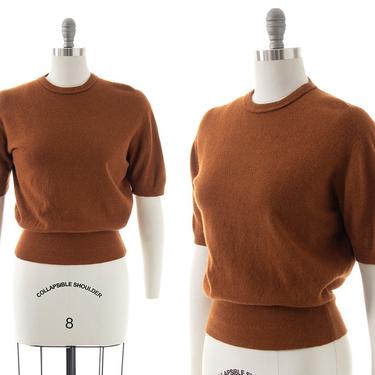 Vintage 1940s 1950s Sweater Top | 40s 50s JANTZEN Knit Wool Caramel Brown Short Sleeve Pullover Shirt (medium/large) 