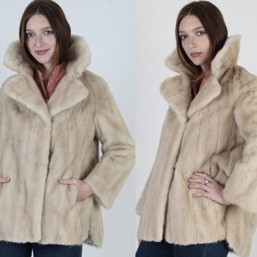 Womens Mink Fur Coat / Vintage 60s Platinum Fur Coat / Large Plush Fur Back Collar / Real Fur Cream Opera Pockets Overcoat Jacket 