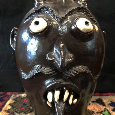 1986 Rodney Leftwich Asheville N.C. Grotesque Ugly Face Jug Devil With Tongue WhiskeyJug