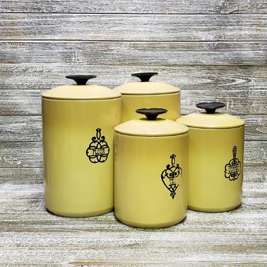 Vintage Kitchen Canisters, 1970s Mustard Gold Westbend Canister Set, Coffe Flour Tea Sugar Canisters + Lids, Mid Century, Vintage Kitchen 