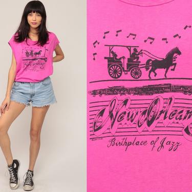 New Orleans Shirt 80s JAZZ Tee Hot Pink Retro Tshirt 1980s Vintage T Shirt Horse Carriage Graphic retro Hot Pink Low Armhole Large 