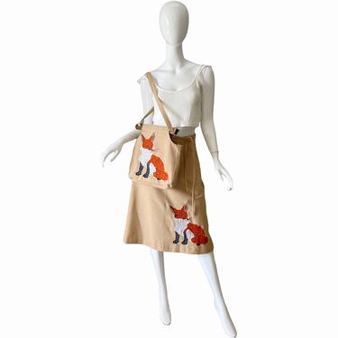 70s Novelty Patchwork Skirt Set / Vintage Fox Skirt Bag Set / 1970s Wrap Skirt Set 