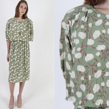 Vintage 80s Sage Green Clover Dress Floral Cotton Boll Print Dress 1980s Loose Fitting Draped Secretary Midi Mini Dress 