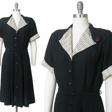 Vintage 1940s Dress | 40s Black Rayon Striped Shirt Dress Colorful Buttons Shirtwaist Day Dress (x-large) 