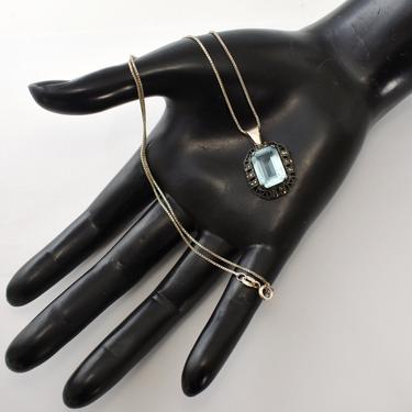 40's Art Deco sterling marcasite paste aquamarine pendant, geometric oxidized 925 silver pyrite blue crystal bling necklace 