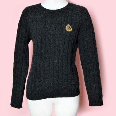 Vintage Dark Academia style Ralph Lauren Wool Sweater Chest Logo, Cable Knit Pullover Charcoal Grey Gray LAUREN Crest Sheild 1990's Varsity 