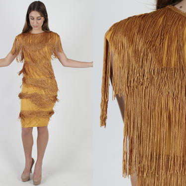 Gold Fringe Dress / Tiered Bronze Flapper Wiggle Dress / Vintage 80s Dance Cocktail Party Roaring 20s Mini Dress 