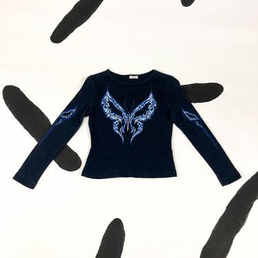 90s Blue Glitter Tribal Butterfly Graphic Top / Rave / y2k / Goth / Skater / Grunge / Medium / Fang / Small / Long Sleeve / Delias / 00s / 