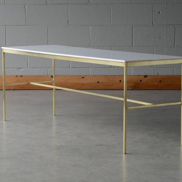 1950's Paul McCobb coffee table in brass and white glass 