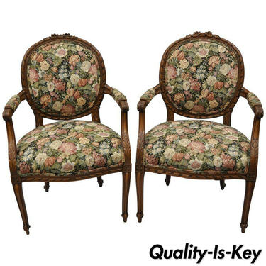 Pair French Country Louis XV Style Finely Carved Round Back Walnut Arm Chairs