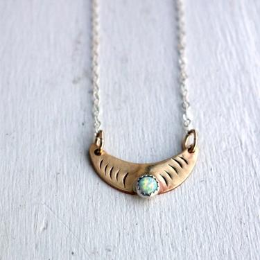 Hammered Opal and Brass Crescent Moon Pendant 