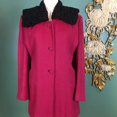 1940s wool jacket, vintage 40s coat, magenta wool, medium large, Persian lamb collar, 38 bust, structured shoulders, fuchsia coat, 40s coat 