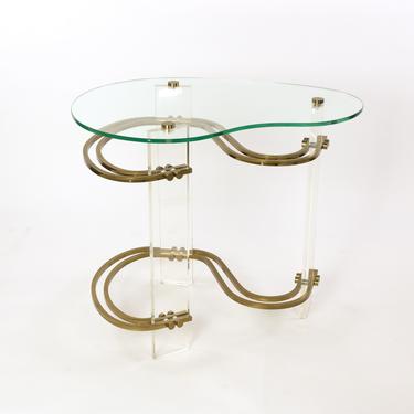 Stylish Kidney-shaped Glass and Lucite Side Table with Brass Stretchers