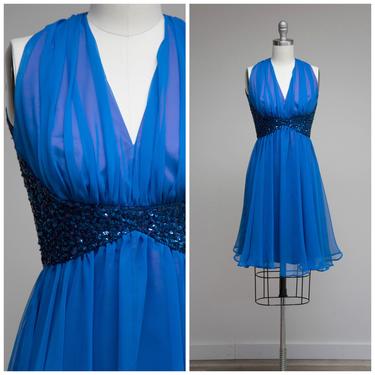 Vintage 1960s Dress • Deep Sea • Blue Chiffon Late 60s Sequin Halter Cocktail Dress by Mike Benet Size XSmall 