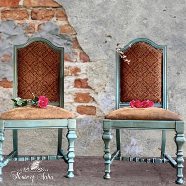 Boho Vintage Turquoise Teal Chairs.  Carved Velvet Upholstery Chairs.  Dining CAnthropologie Inspired Chairs. Green Blue Brown Office Chair. 