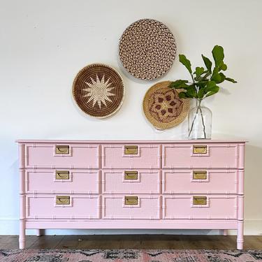 pink bamboo dresser Lacquered 9 drawer faux bamboo dresser poppys line color BM begonia hot pink Poppy's of Macon