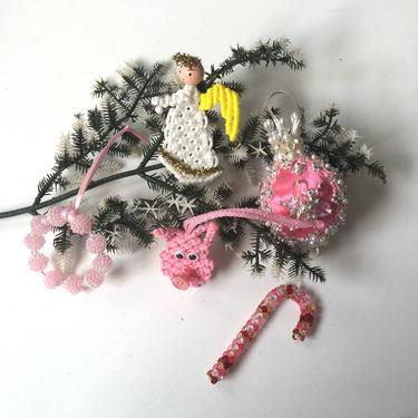 Pink and white vintage handmade Christmas assortment - 5 ornaments - 1970s vintage 