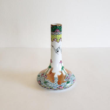 Vintage Chinese Porcelain Bud Vase, Lucky Double Fish Motif, Hand Painted Cloisonne Style, Guangcai Canton Export Pottery 