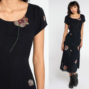 90s Floral Dress Black Silk Dress Bohemian Grunge Dress Boho Midi Nostalgia 1990s Vintage Sheath Short Sleeve Draped Medium 