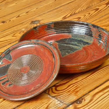 Studio Pottery Pairing Red and Black Plate and Charger or Shallow Bowl Signed Stone - Decorative Plate - Functional Pottery - Art Pottery 