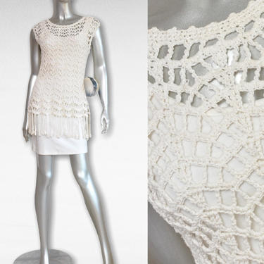 Vintage Vivienne Tam Off White Crochet Dress with Fringe Size Small 2 Piece Summer Boho Dress Set 