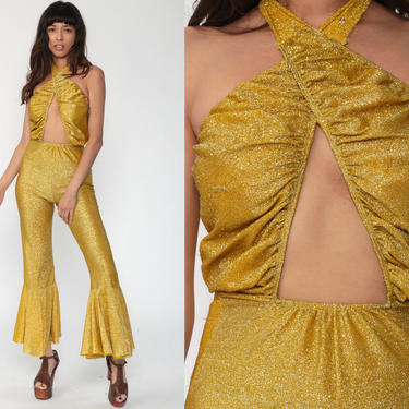 Gold Jumpsuit Bell Bottom Pants 70s Hippie Stage Outfit Dance Costume Boho Metallic Halter Neck Bohemian Vintage Pantsuit Extra Small xs 