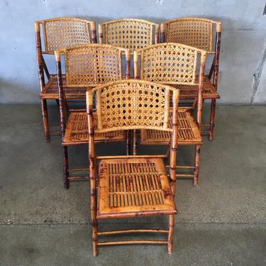 Set of Six Vintage Bamboo / Rattan Folding Chairs