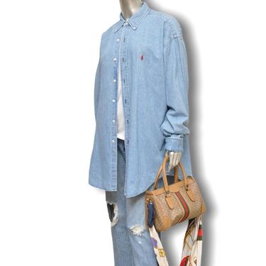 Vintage Ralph Lauren Oversized Jean Shirt Unisex 100% Cotton Loose Fit Light Wash Denim Size Large 