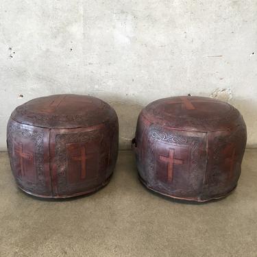 Pair of Vintage Hand Tooled Leather Ottomans