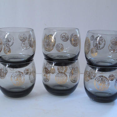 Smoky Glass Round Tumblers Roly Poly Mid Century Gold Gray HiBall Glasses Gray Smoked Glam Glasses Vintage Barware Cocktail Glasses/ 