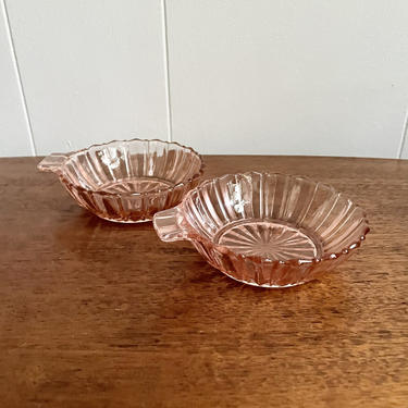 Set of 2- Vintage Anchor Hocking Depression Glass Handled Dessert Bowl, Pink Fortune Glass 