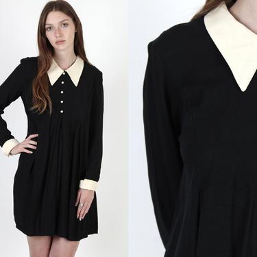 Vintage 80s Black Schoolgirl Dress, Ivory Wide Point Dagger Collar, Simple Tuxedo Party Shift Mini Dress 