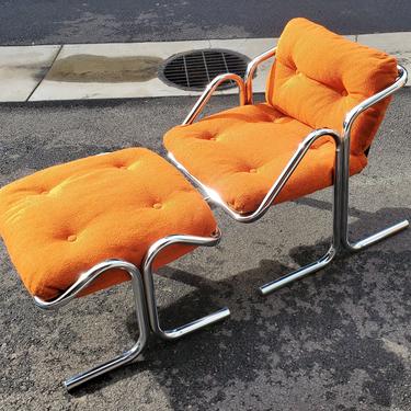 Jerry Johnson Chrome Sling Chair &amp; Ottoman Original Burnt Orange Seat Cushions 1970's Mid Century Modern Seating Lounge Chair Living Room 