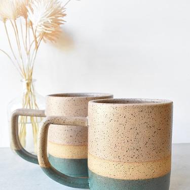 Speckled Stoneware Desert Pink and Forest Green Color Block Handmade Ceramics Mug 